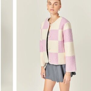 English Factory SHEARLING purple CHECK CARDIGAN jacket L